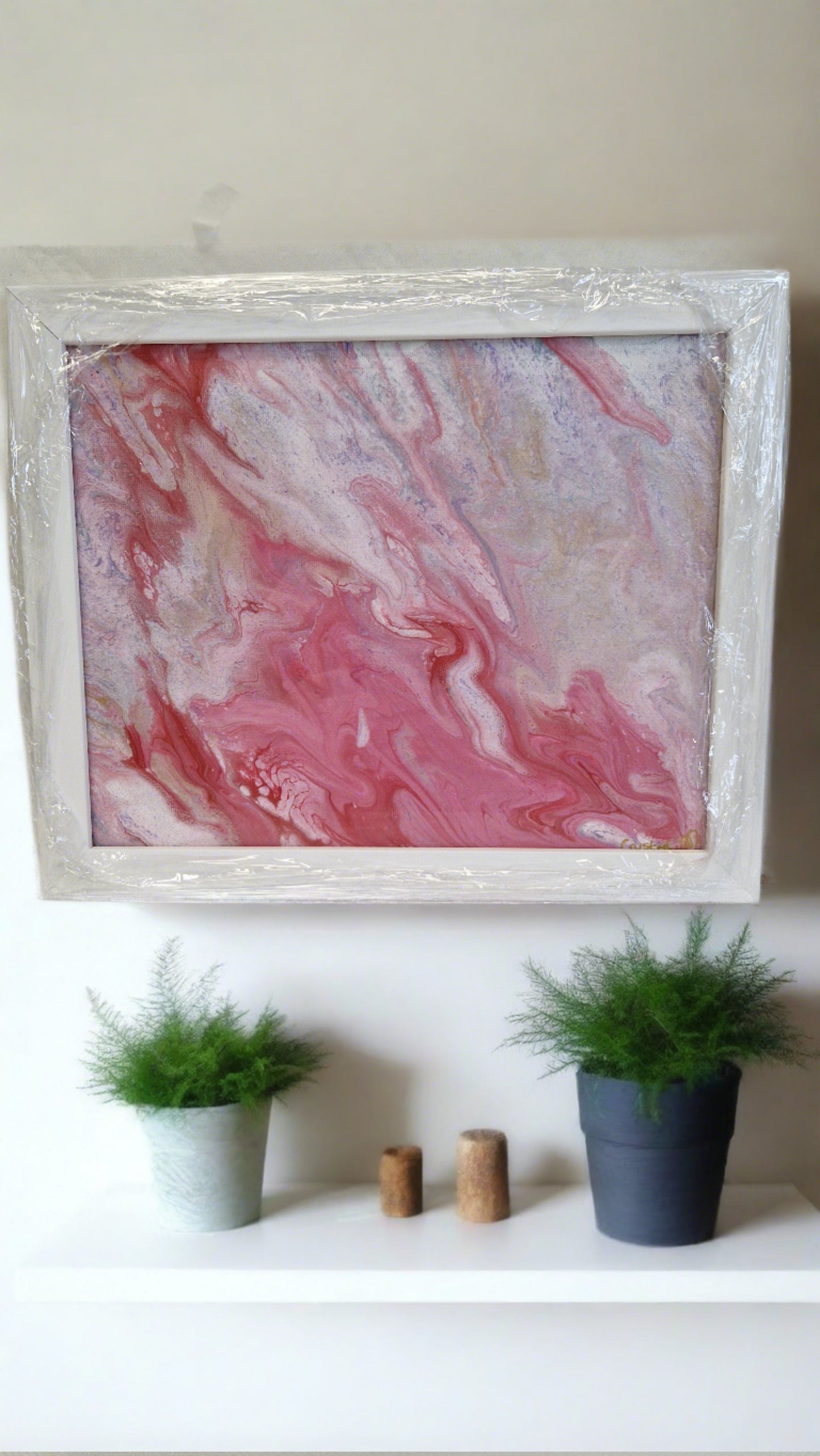 Original One of a Kind "Pink Marble" Acrylic Pour Fluid Art Modern Abstract Art, Professionally Framed
