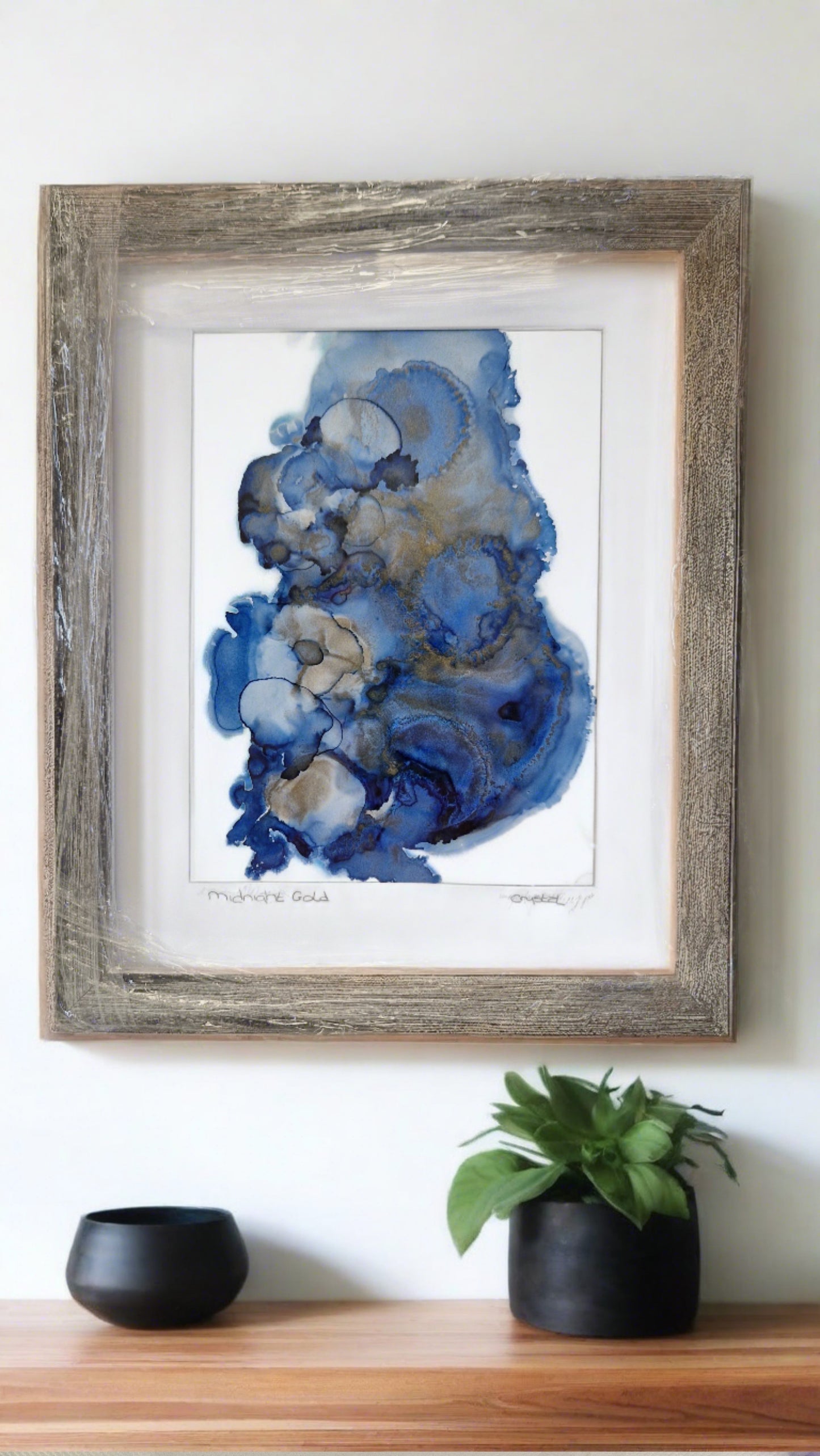 Original "Midnight Gold" One of a Kind Alcohol Ink Fluid Art Modern Abstract Art, Professionally Framed