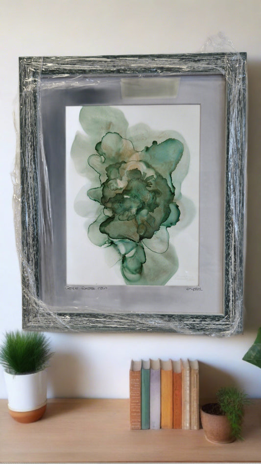 Original "Gentle Forest Rain" One of a Kind Alcohol Ink Fluid Art Modern Abstract Art, Professionally Framed