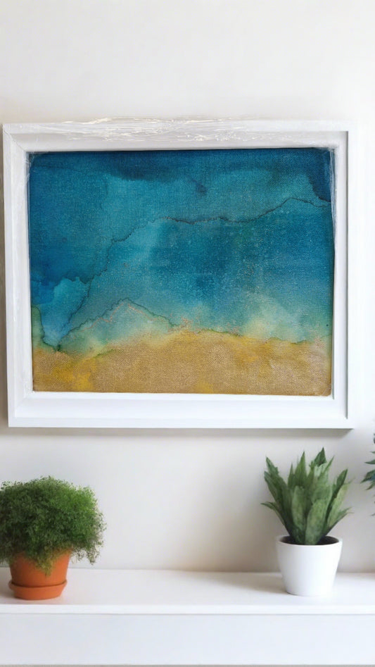 Original One of a Kind "On the Beach" Alcohol Ink Fluid Art Modern Abstract Art, Professionally Framed