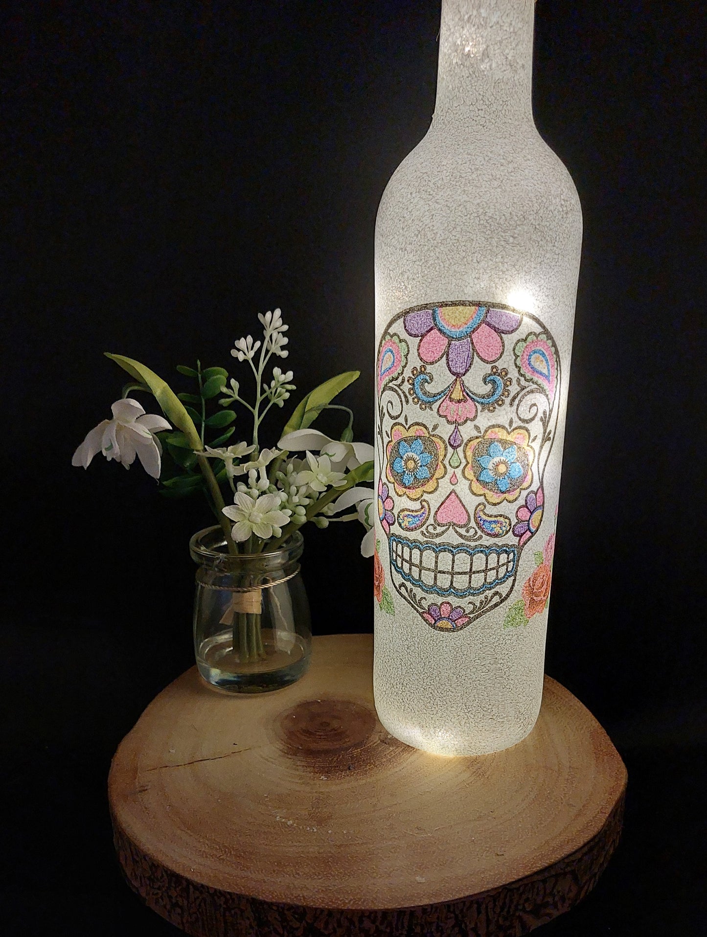 Day of the Dead Floral Skull Light Up Bottle